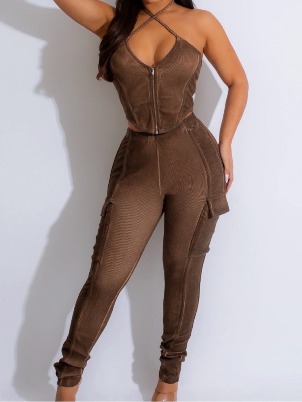 Brown Cargo set with Cross-Front Zip